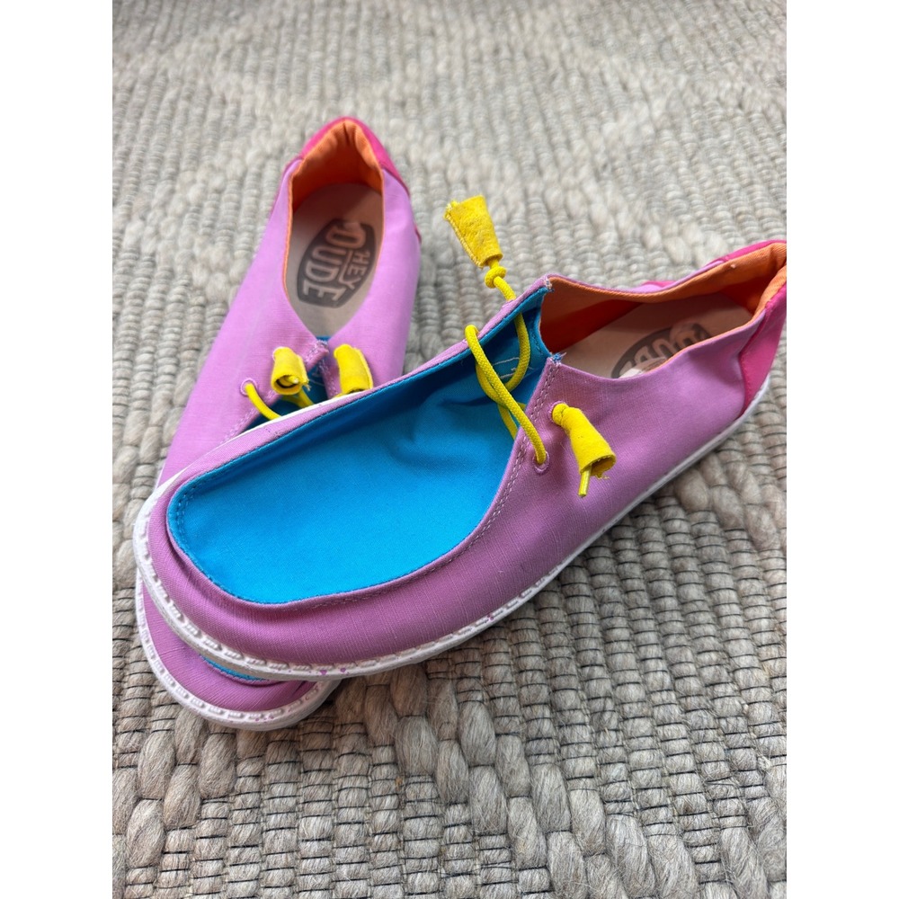 Hey Dude Wendy Slub Canvas Loafers Women 10 Pink Blue Colorblock 40063-9CI